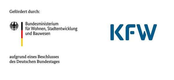Bild vergrößern: Logos der Fördermittelgeber: Gefördert durch das Bundesministerium für Wohnen, Stadtentwicklung und Bauwesen (BMWSB) und KfW.