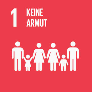 Bild vergrößern: Logo des ersten Ziels für nachhaltige Entwicklung: Keine Armut. Dieses stellt ein Piktogramm von Erwachsenen und Kindern dar.