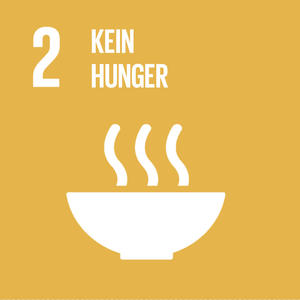 Bild vergrößern: Logo des zweiten Ziels für nachhaltige Entwicklung: Kein Hunger. Dieses stellt ein Piktogramm einer Schale mit Essen dar.