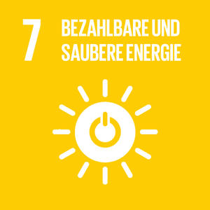 Bild vergrößern: Logo des Ziels sieben für nachhaltige Entwicklung: Bezahlbare und saubere Energie. Dieses stellt ein Piktogramm einer Sonne mit Einschaltknopf dar.