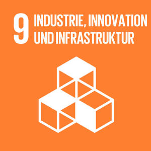 Bild vergrößern: Logo des neunten Ziels für nachhaltige Entwicklung: Industrie, Innovation und Infrastruktur. Dieses stellt ein Piktogramm vier verbundener Würfel dar.