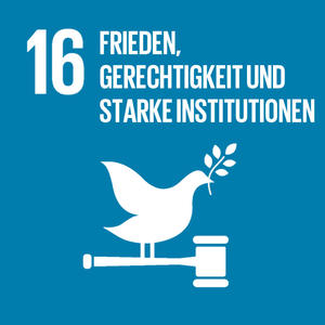 Bild vergrößern: Logo des 16. Ziels für nachhaltige Entwicklung: Frieden, Gerechtigkeit und starke Institutionen. Dieses stellt ein Piktogramm eines Taube mit einem Olivenzweig auf einem Richterhammer dar.