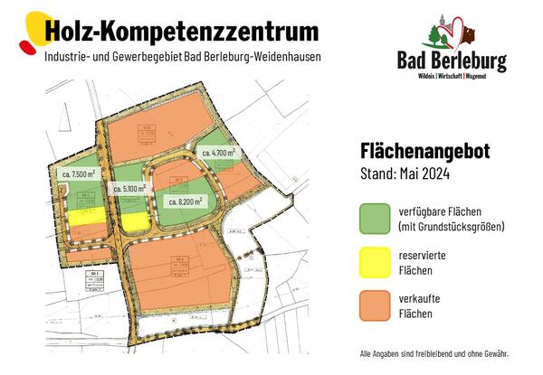 Bild vergrößern: Auf dem abgebildeten Foto ist ein Übersichtsplan des Industrie- und Gewerbegebietes (Holz-Kompetenzzentrum) von Bad Berleburg-Weidenhausen dargestellt. Die zur Verfügung stehenden Flächen sind mit der Farbe Grün markiert, während die reservierten Grundstücke gelb und die verkauften Grundstücke orange gekennzeichnet sind.