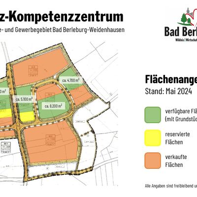 Bild vergrößern: Auf dem abgebildeten Foto ist ein Übersichtsplan des Industrie- und Gewerbegebietes (Holz-Kompetenzzentrum) von Bad Berleburg-Weidenhausen dargestellt. Die zur Verfügung stehenden Flächen sind mit der Farbe grün markiert, während die reservierten Grundstücke gelb und die verkauften Grundstücke orange gekennzeichnet sind.