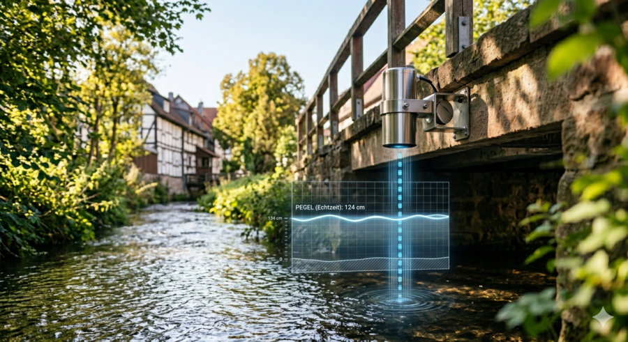 Das Bild zeigt einen Ultraschallsensor, der an einer Br&uuml;cke befestigt ist und den Pegelstand eines kleinen Flie&szlig;gew&auml;ssers misst. Im Hintergrund sind alte Fachwerkh&auml;user zu sehen.