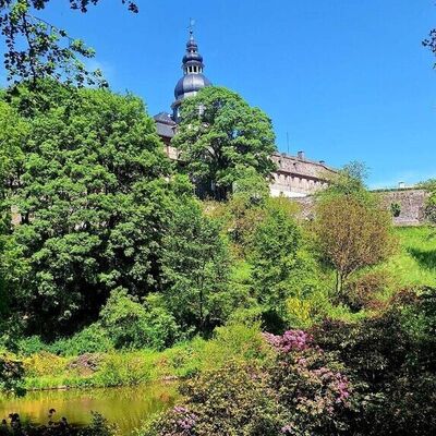 Bild vergr&ouml;&szlig;ern: Im Bild sieht man im Hintergrund Schlo&szlig; Berleburg. Im Vordergrund schaut man auf einen der Teiche im Schlo&szlig;park, eingebettet mit bl&uuml;henden Rhododenronb&uuml;schen.