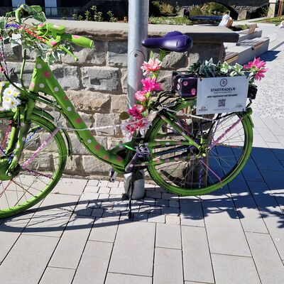 Bild vergr&ouml;&szlig;ern: Buntes Fahrrad am Markt