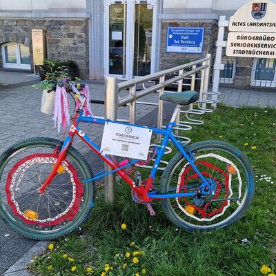 Bild vergr&ouml;&szlig;ern: Buntes Fahrrad am Rathaus