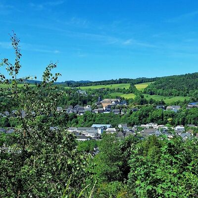 Bild vergr&ouml;&szlig;ern: Man schaut aus der Ferne auf das Residenzschloss Berleburg und Teile der Ober- und Unterstadt Bad Berleburg.
